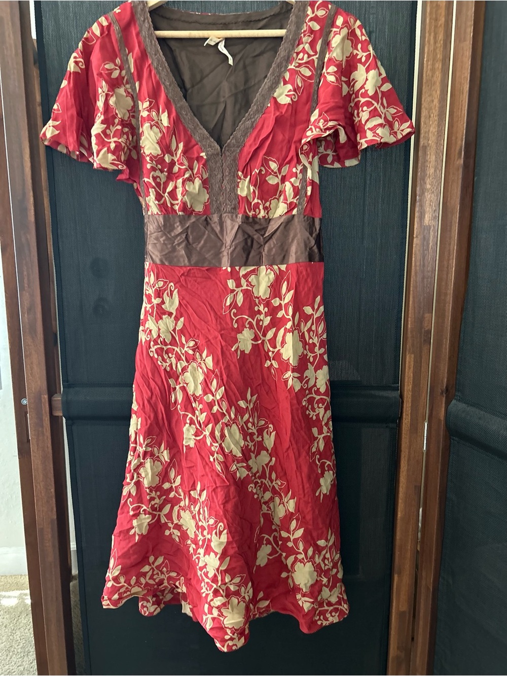 Red Floral V-Neck Silk Dress with Brown Waistband